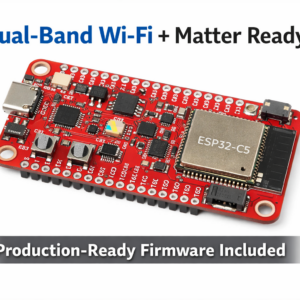 ESP32-C5 dual-band Wi-Fi IoT development board with 5GHz support and Matter-ready firmware on white background