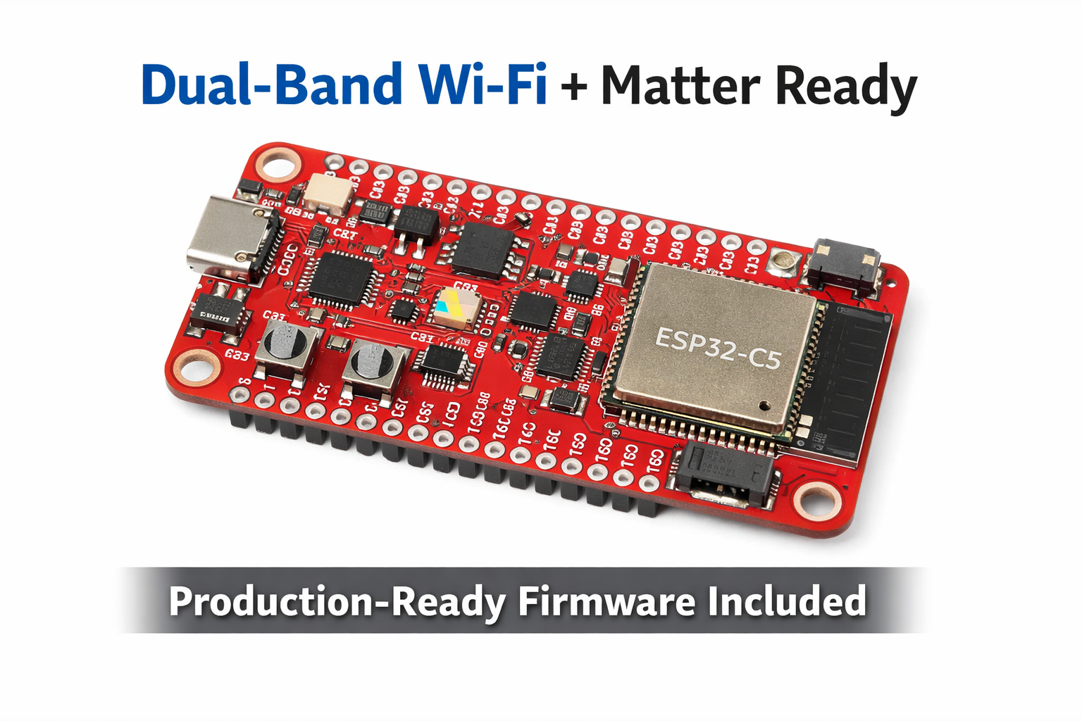 ESP32-C5 dual-band Wi-Fi IoT development board with 5GHz support and Matter-ready firmware on white background