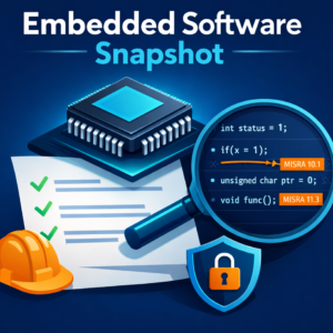 Microcontroller chip floating above a compliance checklist, magnifying glass highlighting MISRA C code violations, shield icon for IEC 62443 security, safety helmet icon for functional safety. Dark blue background with cyan and orange accents. Embedded software audit service product image for Embedded Software Snapshot™.