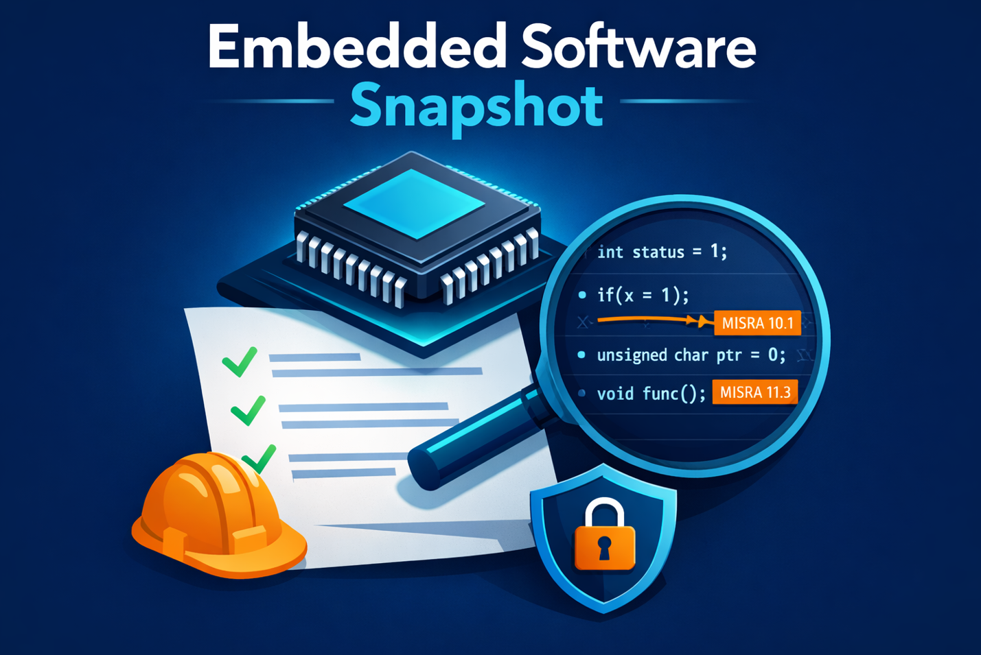 Microcontroller chip floating above a compliance checklist, magnifying glass highlighting MISRA C code violations, shield icon for IEC 62443 security, safety helmet icon for functional safety. Dark blue background with cyan and orange accents. Embedded software audit service product image for Embedded Software Snapshot™.